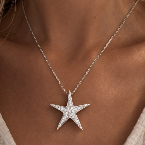 Jewelry - Sterling Silver Starfish Necklace CZ Coastal Beach Jewelry 925 Italy